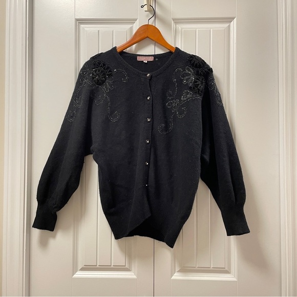 Vintage Lambswool Angora Knit Button Up Embellished Cardigan Black - M - Picture 2 of 15